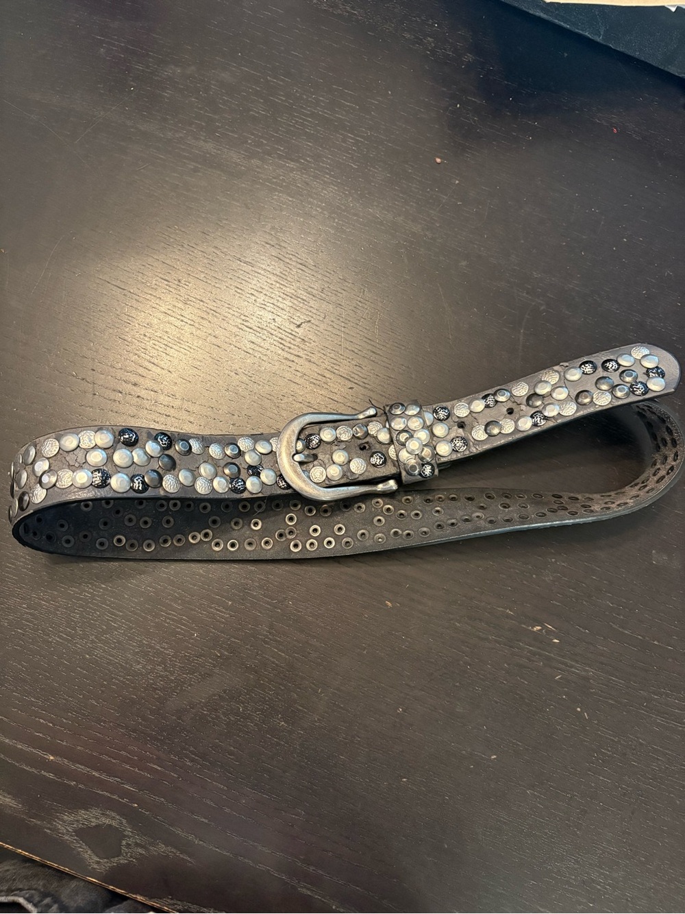 Vintage Silver Studded Gray Leather Belt with Silver Accents